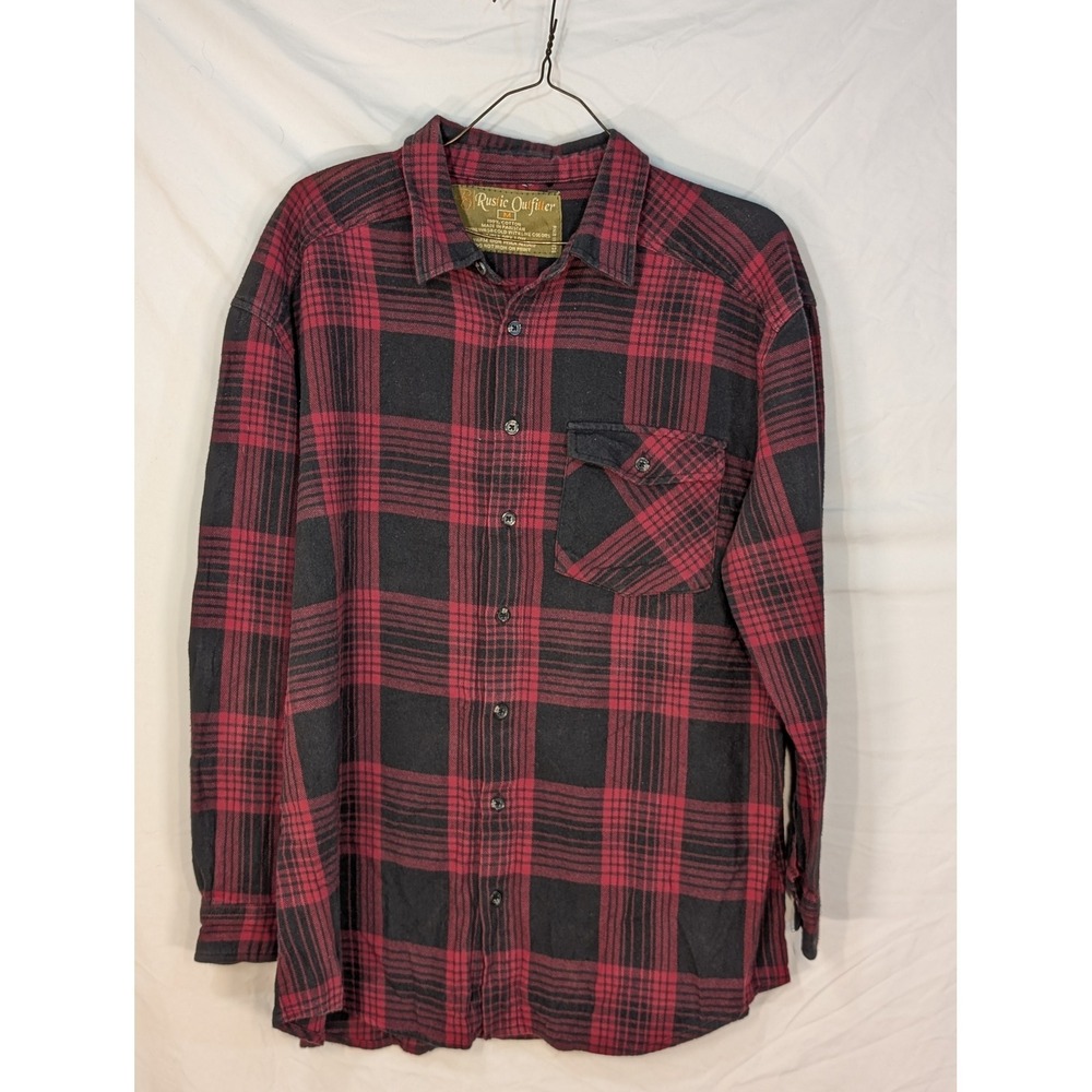 Rustic Outfitter Mens Red Black Plaid Flannel Button Down Shirt Medium